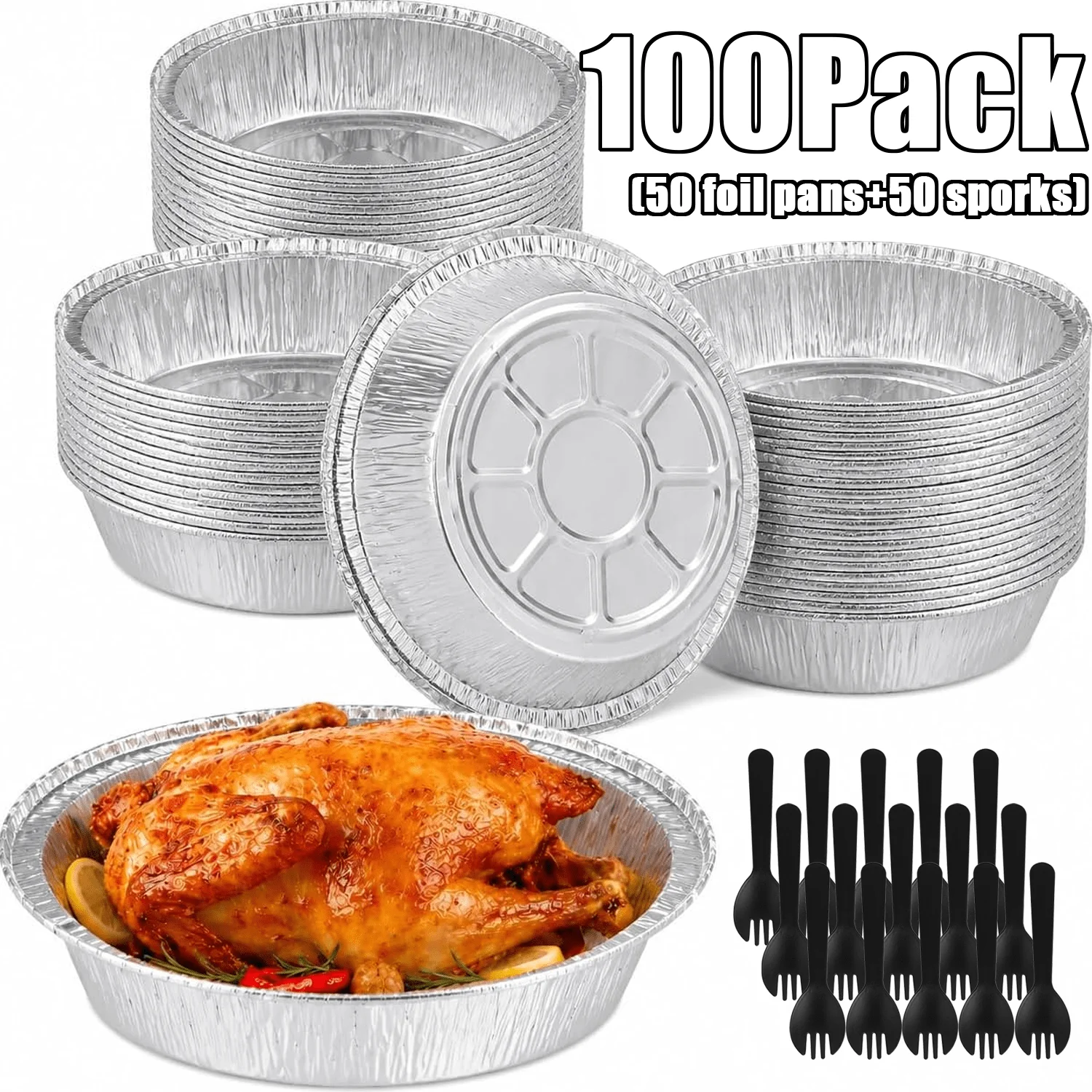 100Pack(50 foil pans+50 sporks) Pie Pans 6 inch, Mini Pie Tins HEAVY-DUTY Disposable Aluminum Foil Tart, pie Pans for Baking Personal Mini Pies, Easily Stack & Store, Freeze & Reheat