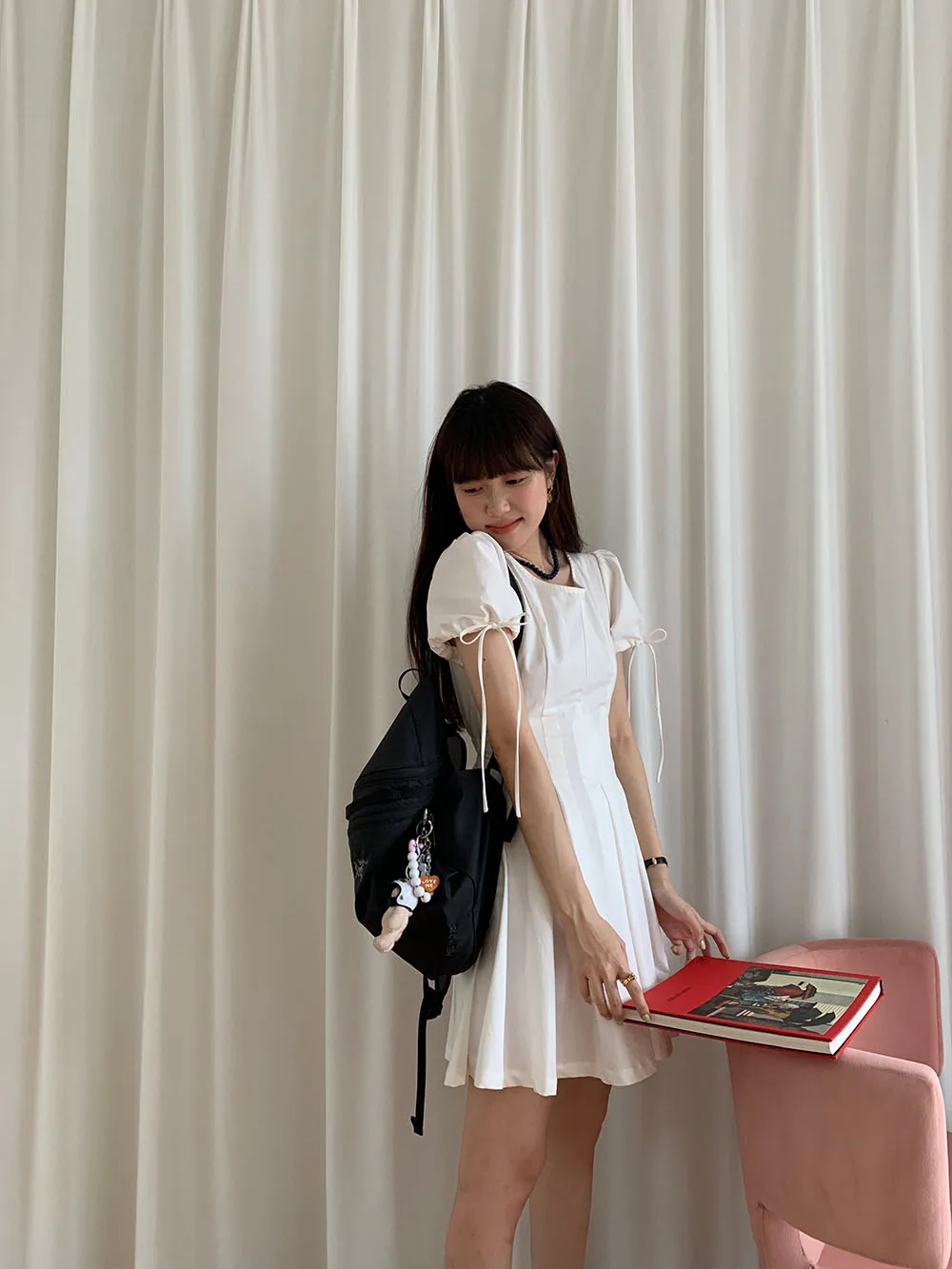 Vestido de manga bufante com cintura elástica e cadarço estilo coreano, vestido elegante feminino