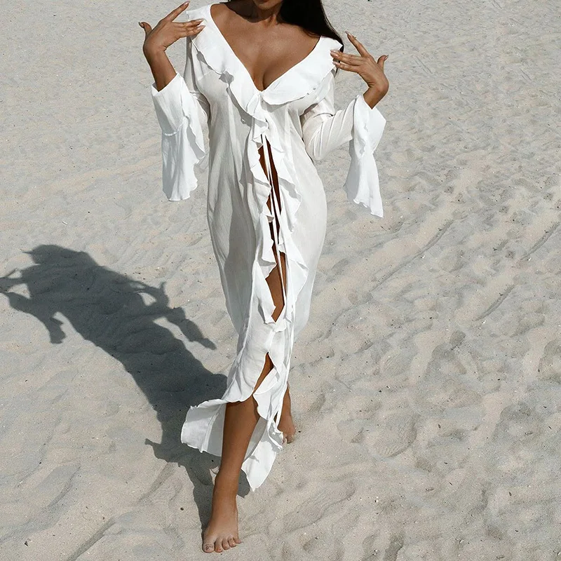 New Chiffon Tunic Beach Cover Up Cover-ups Dress Sunscreen Beachwear Womens Clothing Sexy V Neck Ruffled Long Sleeve Black White