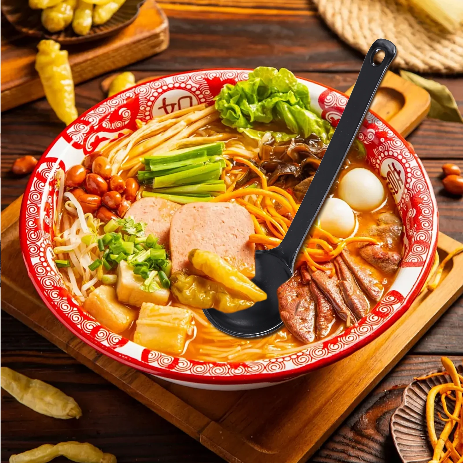 

5Pcs Japanese Style Soup Spoon Premium Melamine Ramen Noodle Spoon Ergonomic Handle Stirring Spoons for Hot Pot Porridge Serving