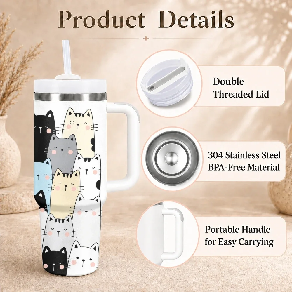 Comic Cat Vacuum Flasks 40oz Stainless Steel Insulated Tumbler with Handle & Straw Leakproof Travel Mug