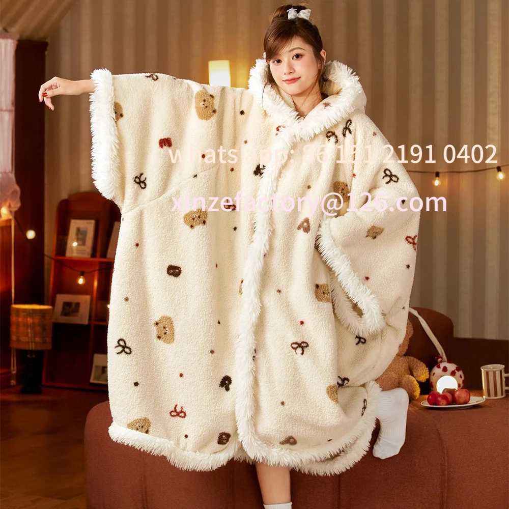 

Customizable Blanket Hooded Cloak Coral Velvet Pajamas Women's Autumn Winter Thickened Robe Blanket Multifunctional The