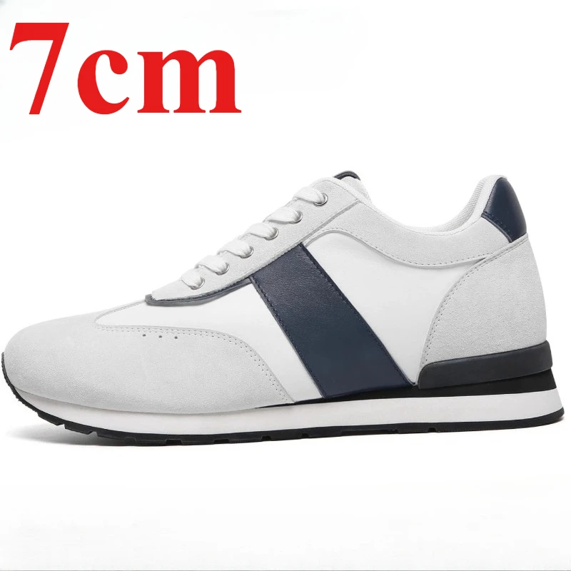 Ultra-light Soft Sneakers Sole Heightening Shoes for Men's 7cm Height Increasing Shoes Genuine Leather White Casua Travel Shoes