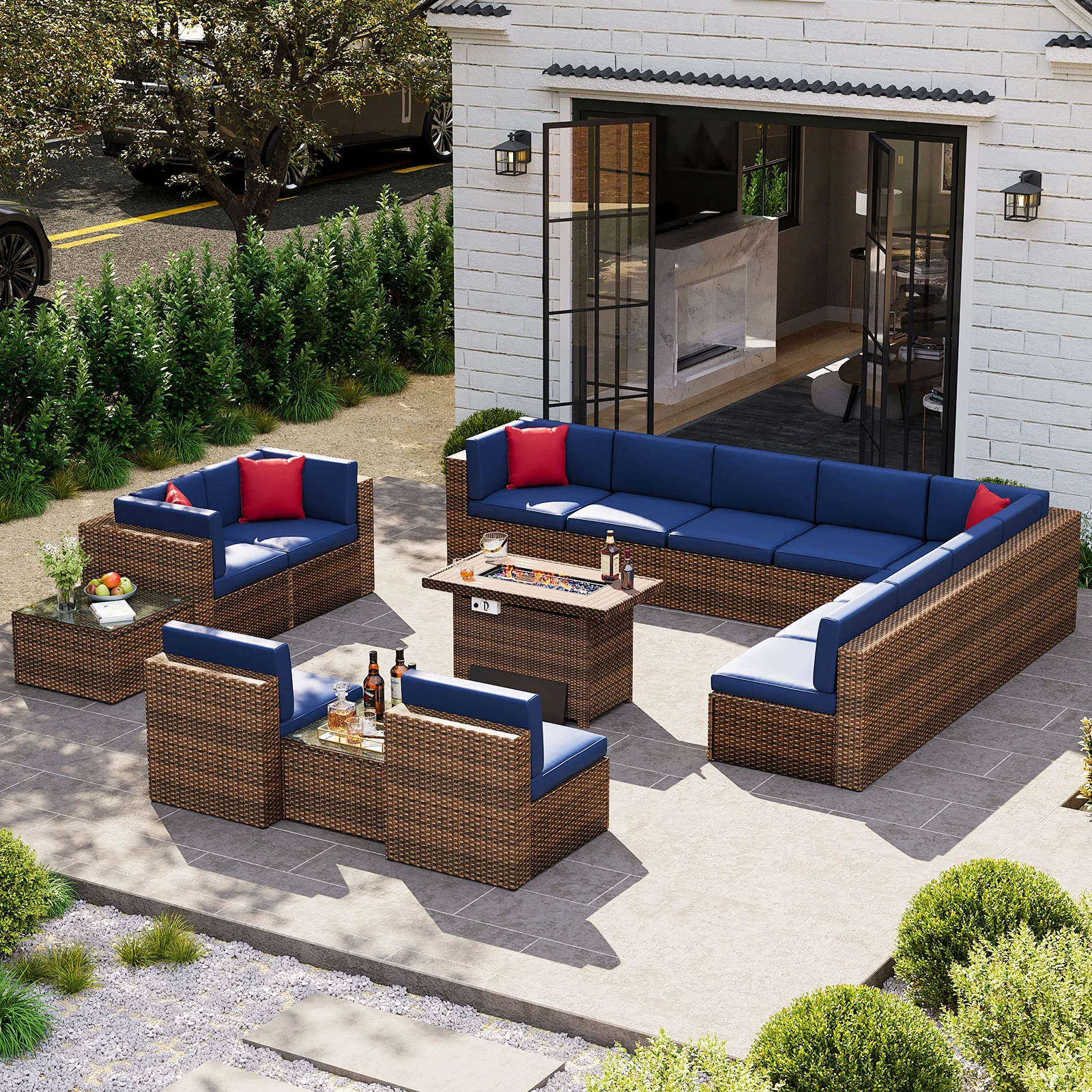 Patio Furniture Set with Fire Pit Table 15 PCS Wicker Patio Conversation Sets for Children, Girls and People in Small Size, Blue