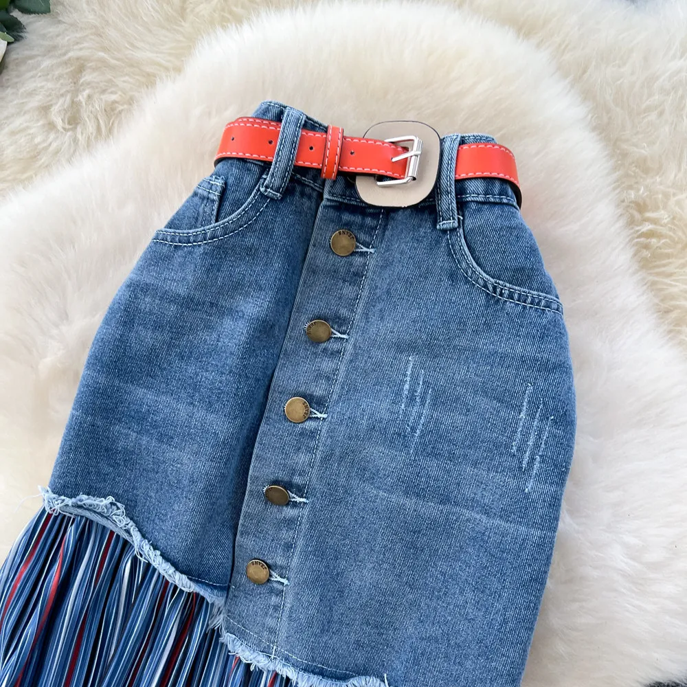 Fashion Spliced Striped Denim Skirts with Belt Women New High Waist Single Breasted A-Line Skirt Lady Irregular Mid-Length Skirt