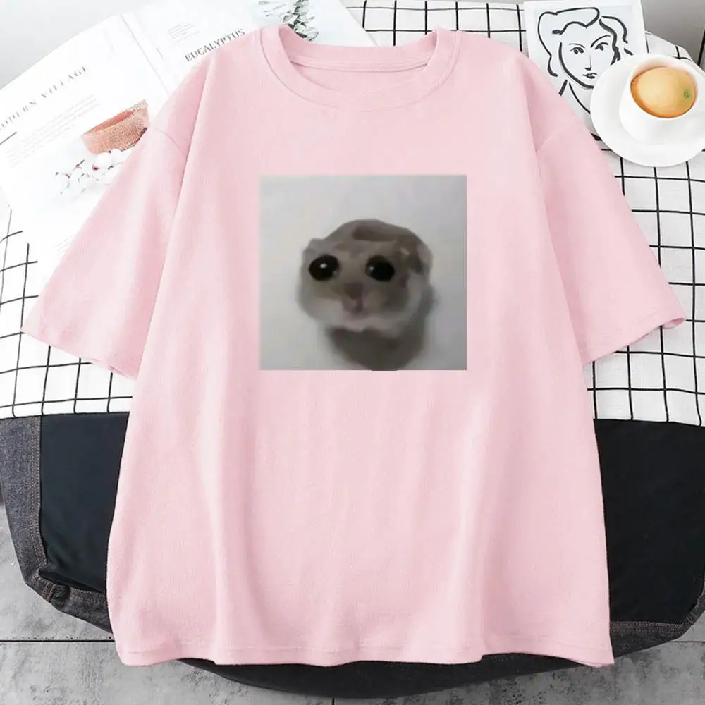 Sad Hamster Tshirt Funny Cartoon Graphic Printing Tee-shirt Cotton Short Sleeve Women T-shirts Summer Soft O-neck Tees Top Girls