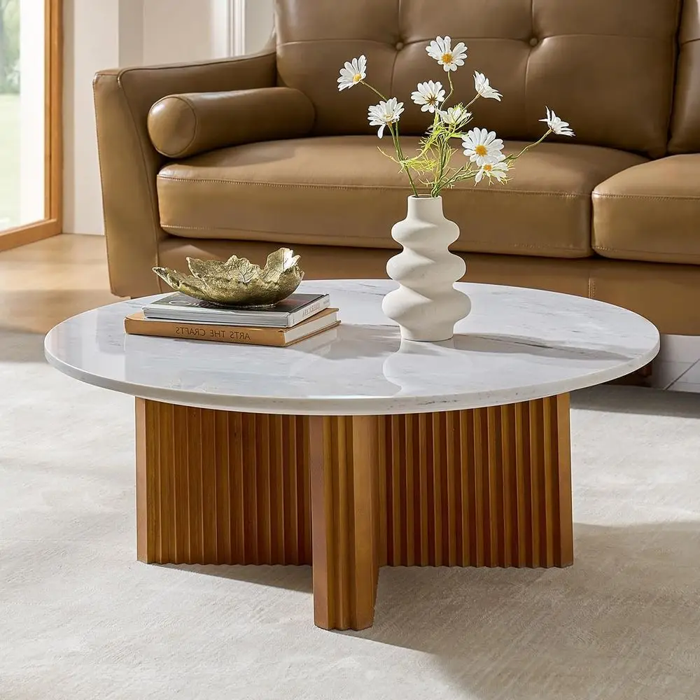 

Rustic Marble Coffee Table with Pine Wood Base, Minimalist Round, Ideal for Living Room, Office, and Patio, Walnut