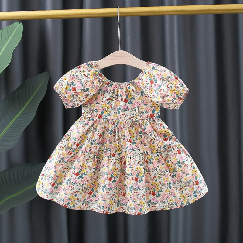 Girls' dress summer new children's clothing backless lace up A-line skirt countryside floral bubble sleeve princess skirt