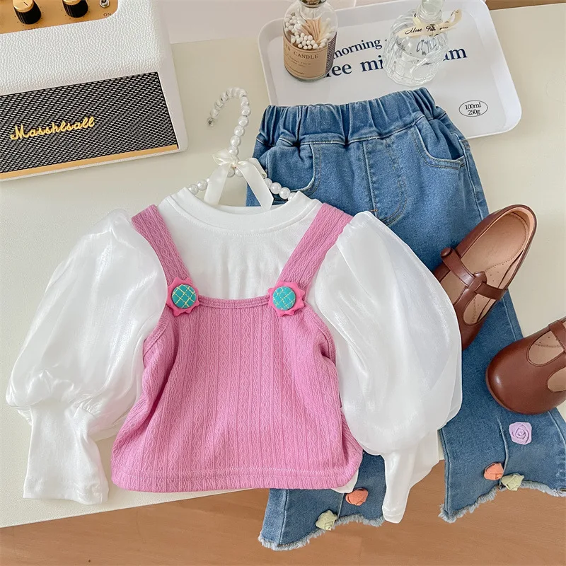 

Girls Sweet 3pcs Suits Spring Autumn Children Baby Kids Long Sleeve Princess T-Shirt +Vest+ Jeans Set