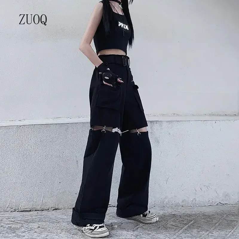 

New Fashion Black Pants Women 2025 Detachable Casual Korean Cargo Wide Leg Pant Woman