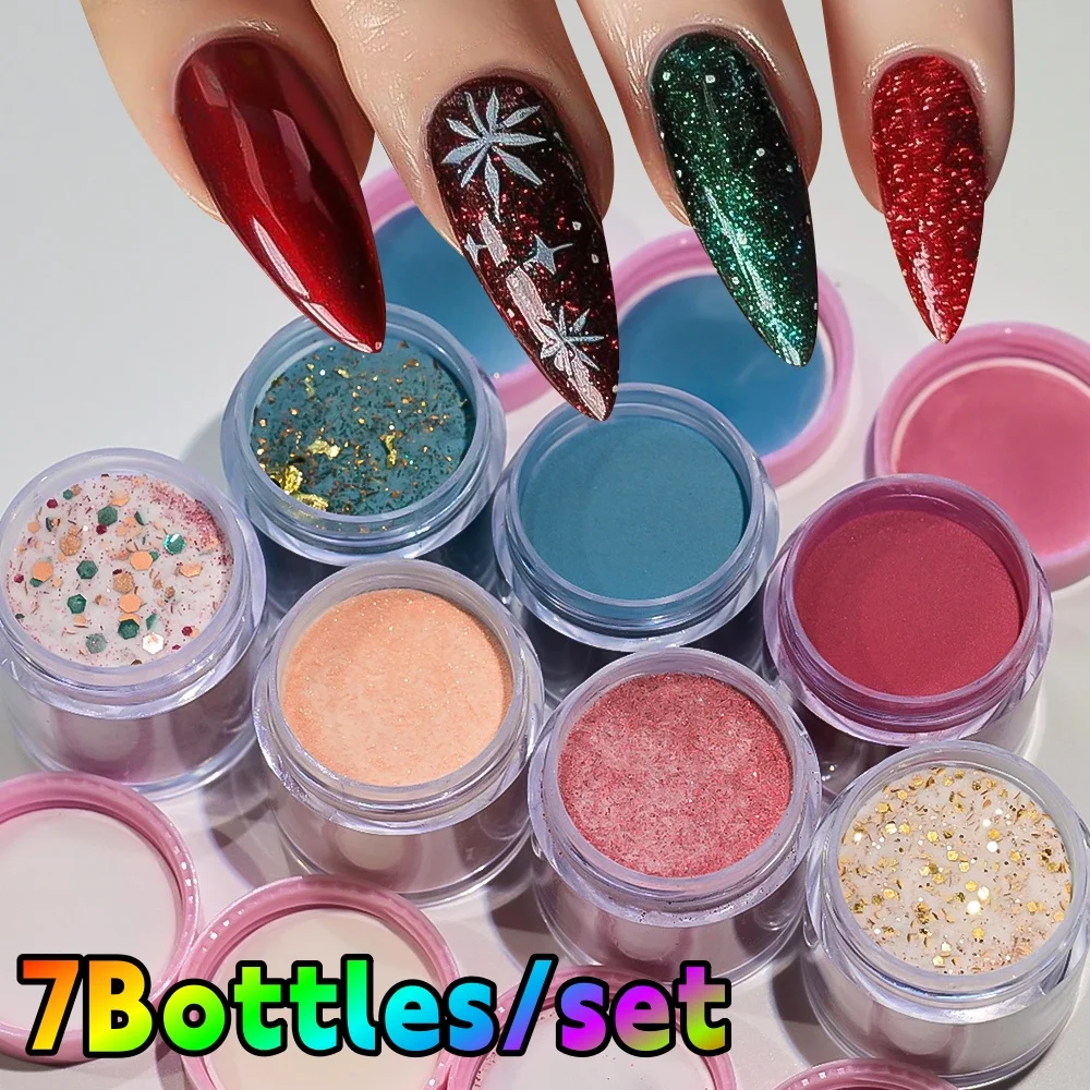 

7Bottles Christmas Color Dipping Acrylic Powder Nail Glitter Set with Sequins Foils Nail Art DIY Manicure Extension Pigment Tool