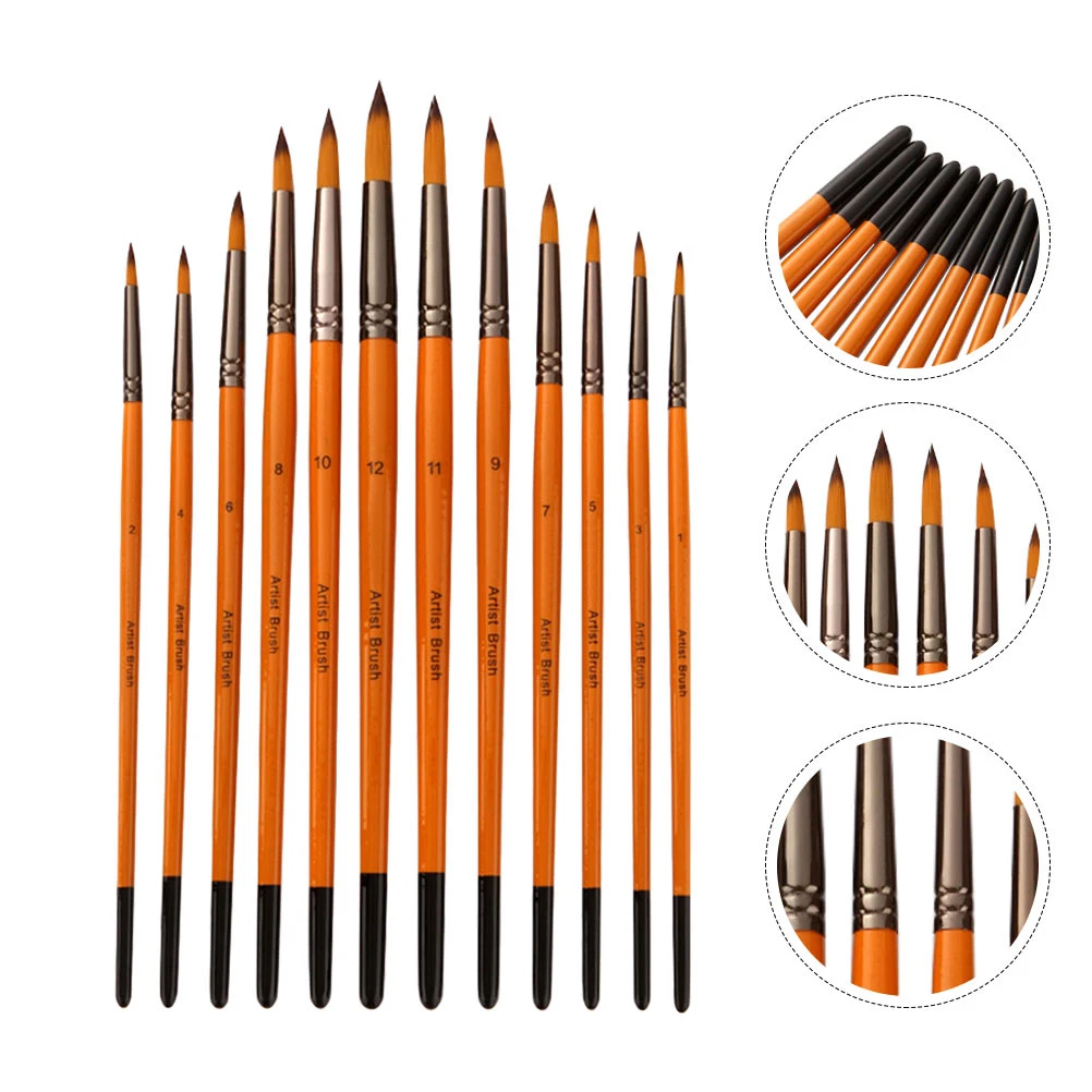 

12 Pcs Nylon Head Brush Artist Set Gouache Paint Brushes Nail Painting Solid Wood Craft Water Color