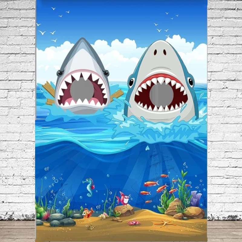 Photography Backdrop Shark Attack Photo Door Banner Ocean Birthday Decoration Shark Party Pretend Play Party Game Background