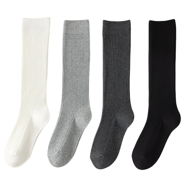 

5 Pairs Women Rib Knitted Cotton Over The Calf Socks with Thick Double Stitching Classical Solid Color Knee Length Socks