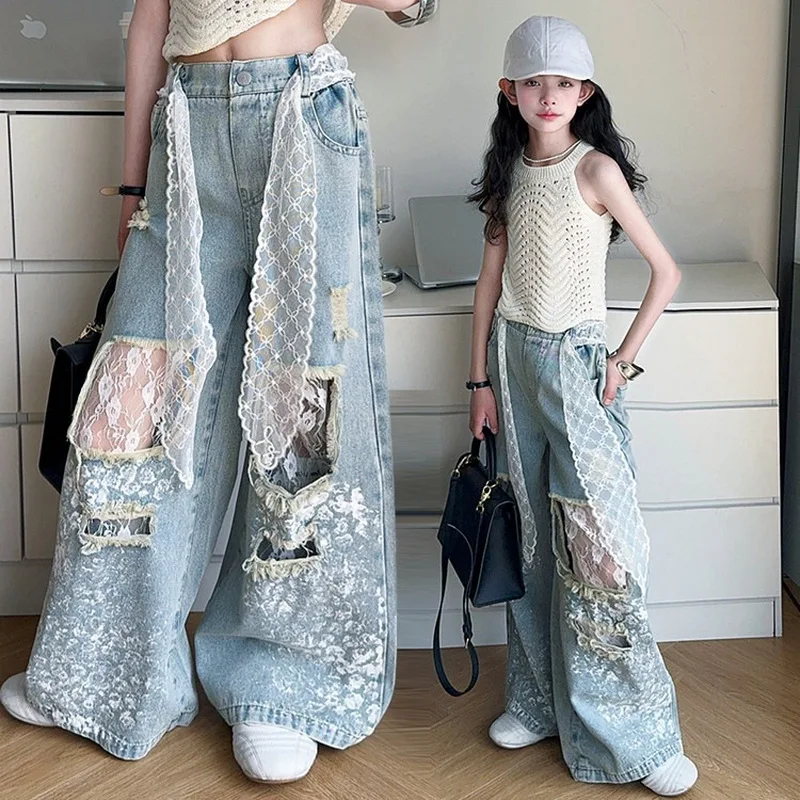Kids Stylish Streetwear y2k Jeans For Girl Lace Drawstring Denim Pants Child Fashion Hip Hop Ripped Jeans Trousers with Holes