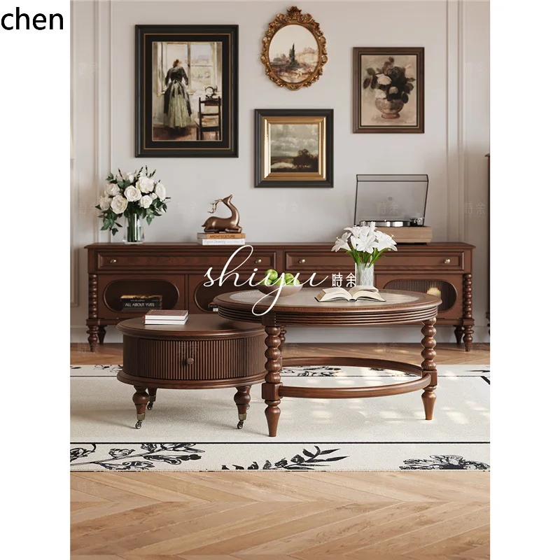 

ZML Vintage Style Solid Wood Retro Round Coffee Table Living Room Large and Small Coffee Tables TV Cabinet Set