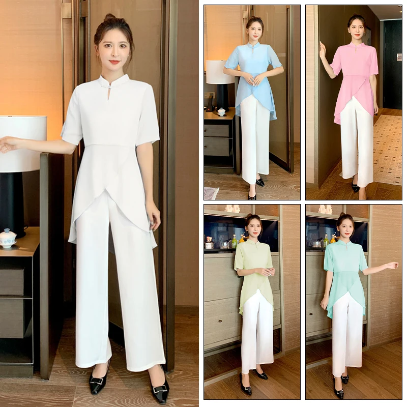 Women Beauty Salon Uniform Shorts Sleeve Tops Wide Leg Pants Suit Beautician Clothes Foot Therapist Massage Work Clothes Sets