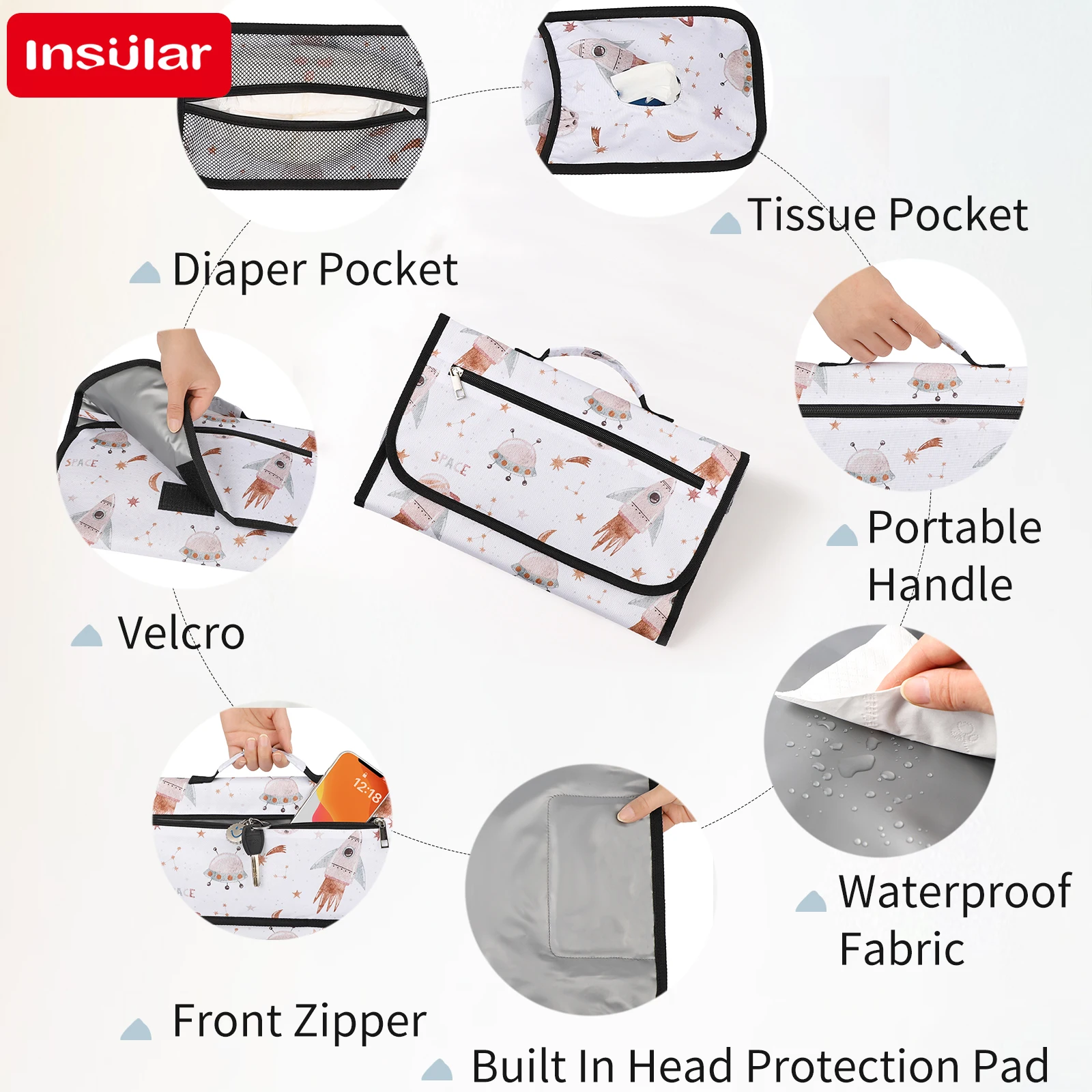INSULAR 3-Layer Waterproof Diaper Changing Pad Foldable Washable Nappy Cushion with Storage Bag Multi-Functional Baby Care Mat