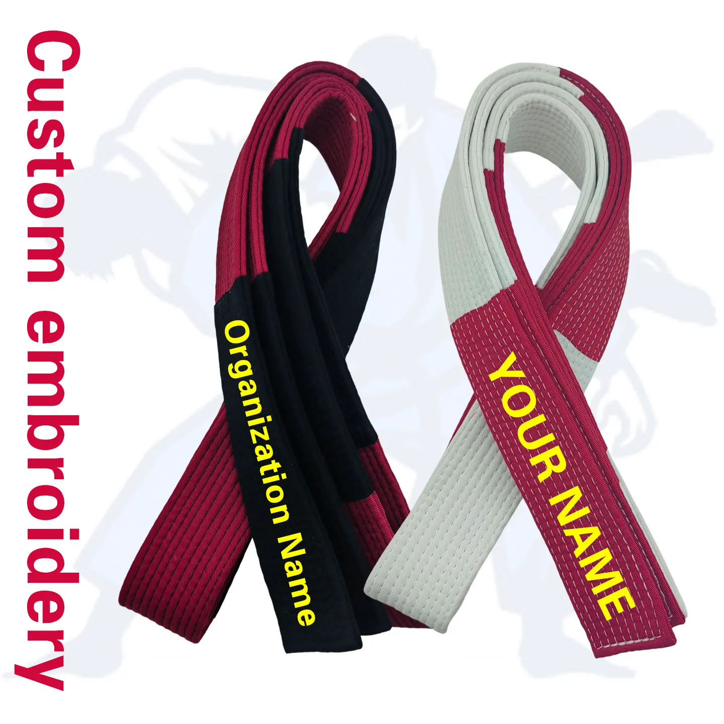 Custom Embroidered Coral Belt Grand Master Rank Judo Karate Jiu-Jitsu Red-White Red-Black 4.5cm Width A0-A6 Size