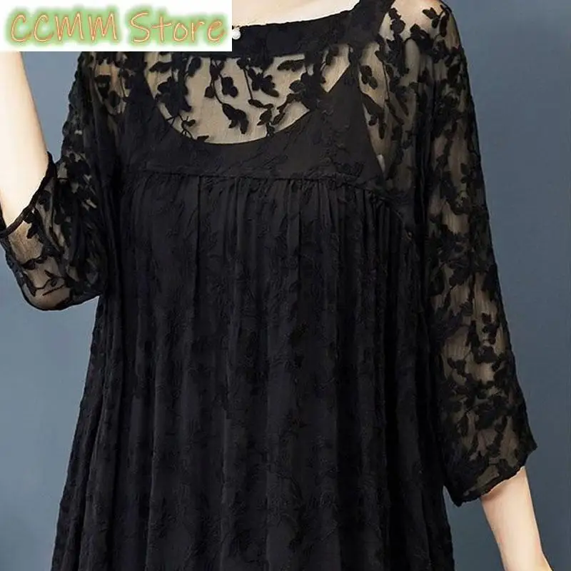 Fashion Summer Sexy Lace Midi Dress Women's Clothing Round Neck Loose Elegant A-Line Casual Spliced Commute 3/4 Sleeve Dresses