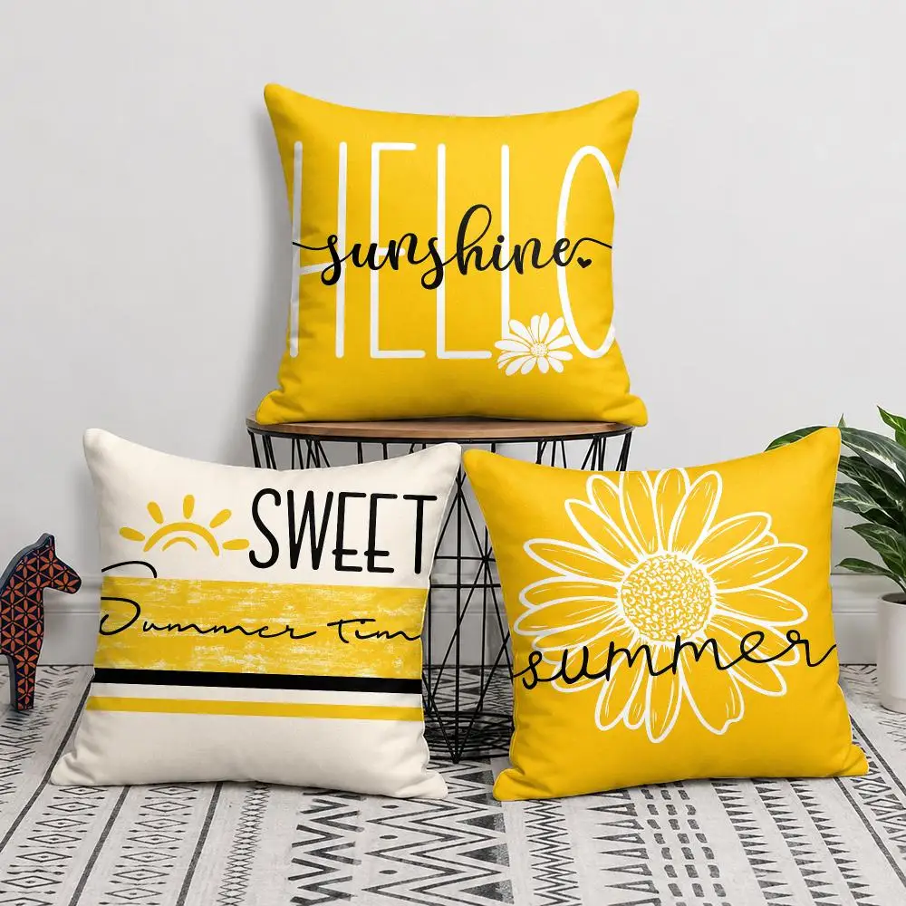 Hello Summer Yellow Design Cushion Cover Soft Short Plush Pillow Cover Smooth Cozy Texture Cushion Case Home Decor