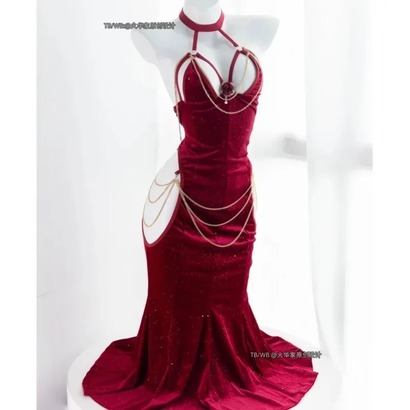 

qq023Anime Overlord Albedo Cosplay Costumes Glove Dress Wrapped Hip Open Crotch Fish Tail Skirt Black Mermaid Halloween Girl Cos