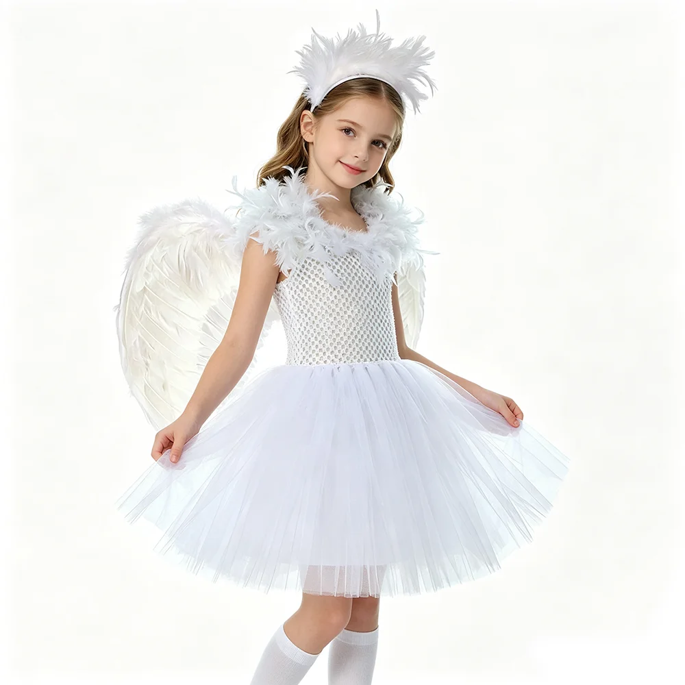 White Angel Swan Costume for Girls Bird Parrot Fancy Tutu Dress with Feather Wings Hairbow Kids Christmas Halloween Party Outfit