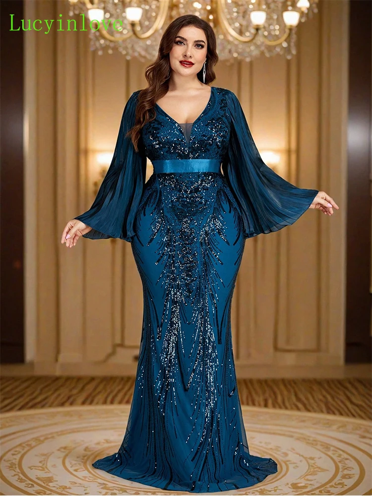 Lucyinlove Plus Size Luxury Sequins Flared Long Sleeves Slim Evening Dresses Woman Elegant Mermaid Formal Party Cocktail Gowns
