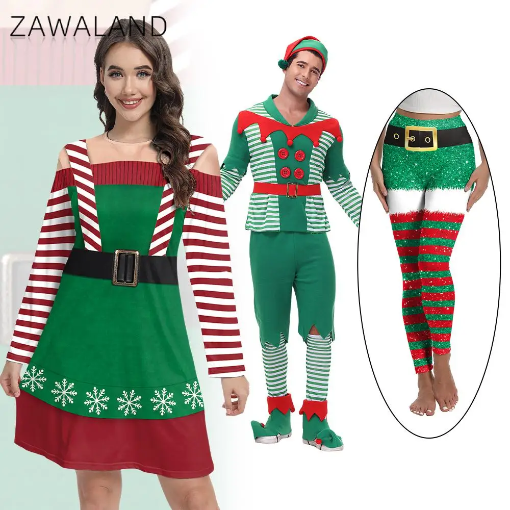 

Merry Christmas Couple Clothes Green Elf Dress Stripe Printing Leggings Santa Elf Cosplay Costumes Carnival Party Xmas Suits