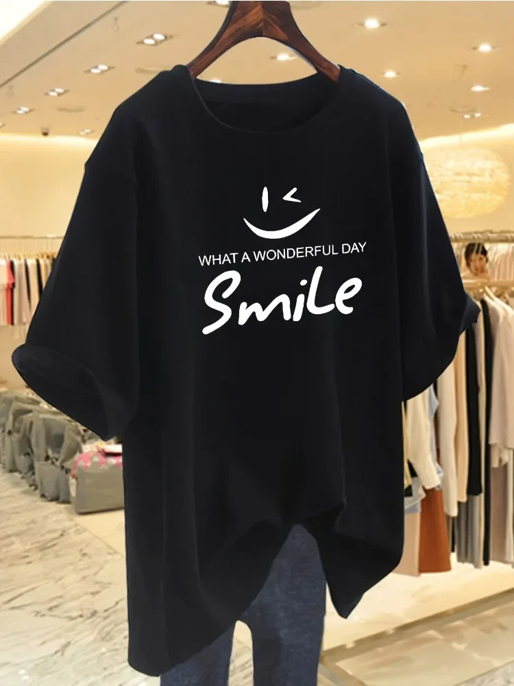 Women's Fashionable Casual Round-neck T-shirt with Smiley Face Print Short-sleeved Women's T-shirt.Summer Streetwear Personality