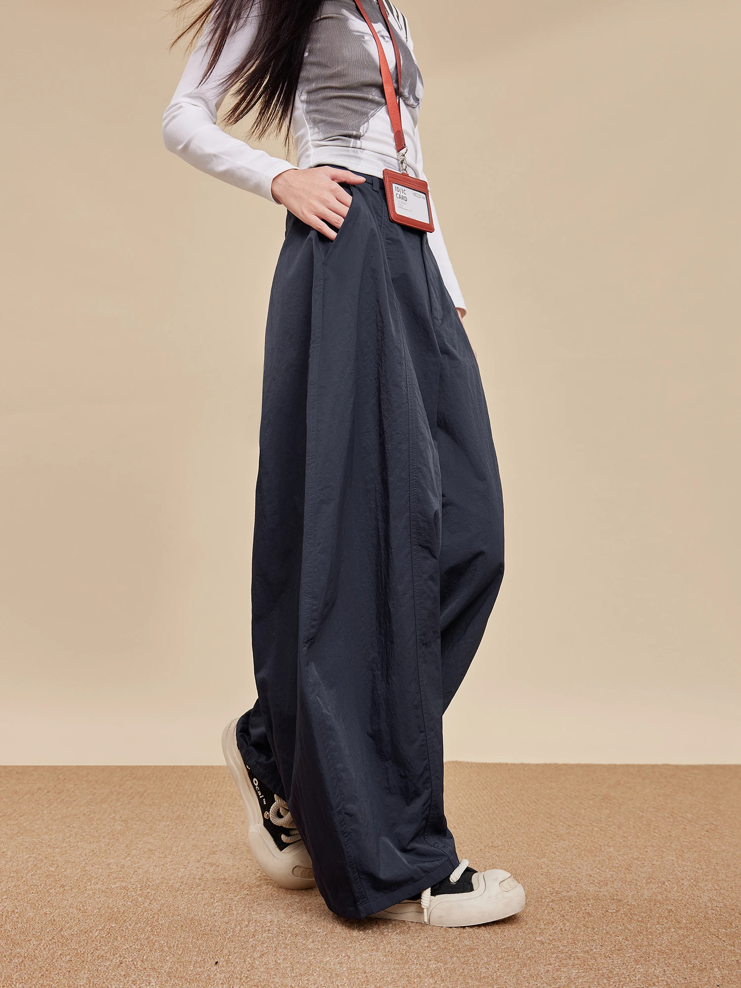 Pantaloni a gamba larga Deep Blue Scythe da donna, modello casual a vita alta, stile americano, per l'inizio dell'autunno, vestibilità ampia e snellente, in maglia, stile Harajuku.