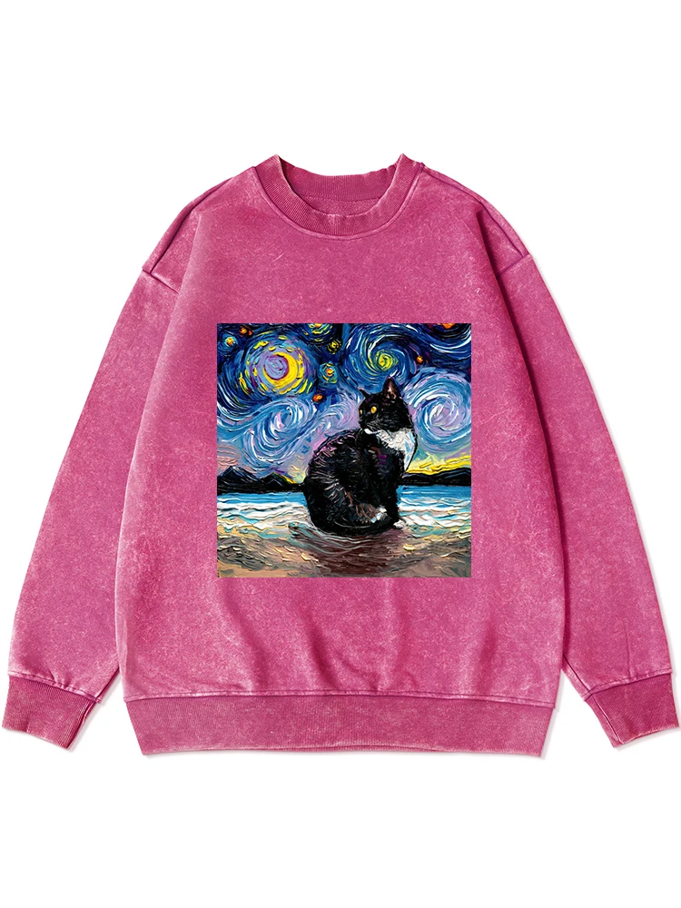 

Beautiful Starry Cats Printed Distressed Womens Hoodie Autumn Crewneck Oversize Cotton Sweatshirt Casual Soft Warm Sportswear