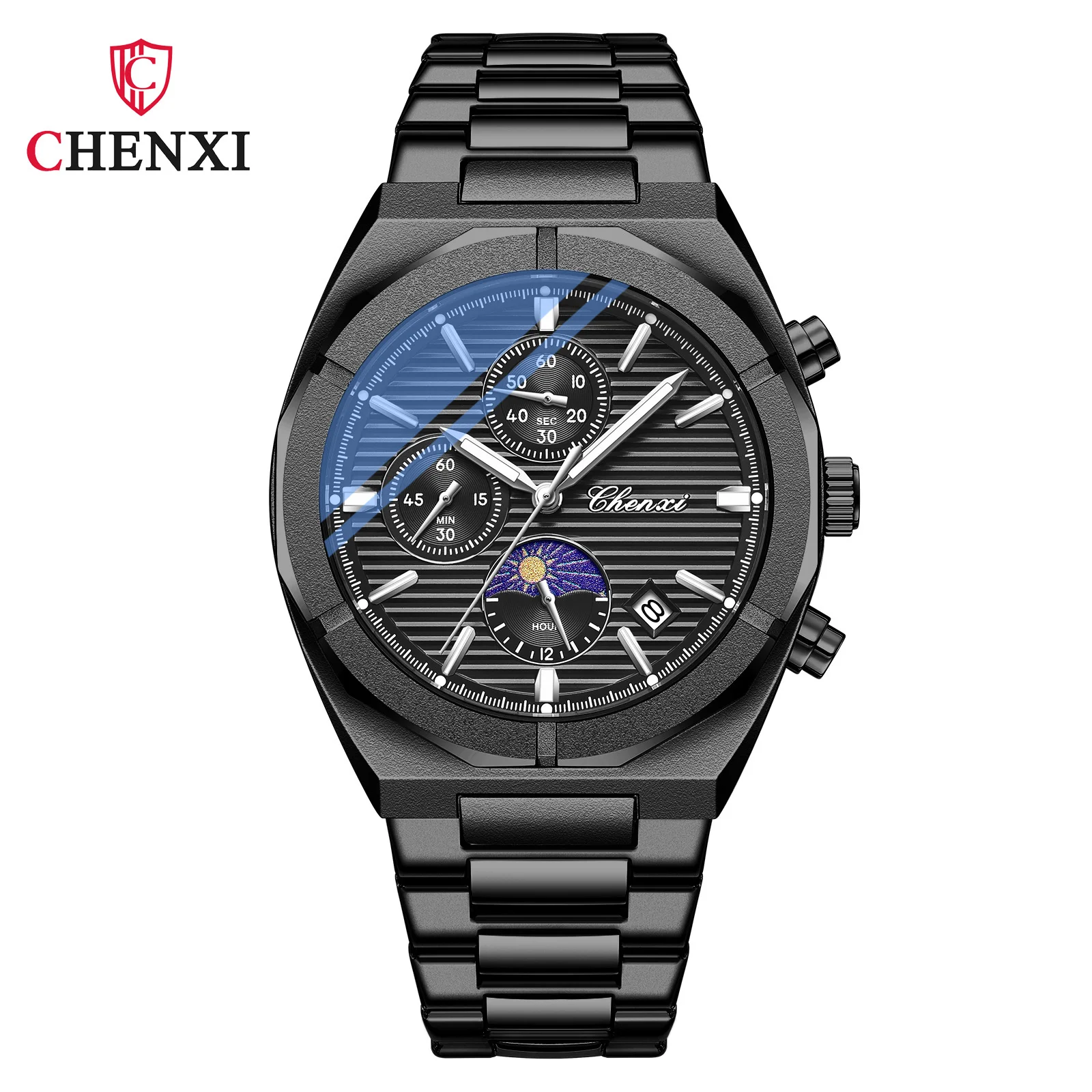 CHENXI 962 Morninglight Multifunctional Men\'s Moon Phase Date Timing Waterproof Black Steel Band Quartz Watch Wristwatch Mens