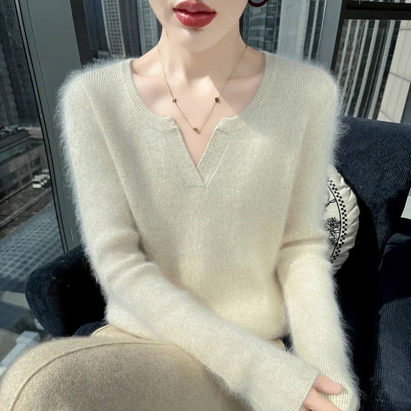 100% المنك الكشمير الخامس الرقبة المرأة البلوز سترة جديدة محبوك سليم صالح مثير الخريف والشتاء المرأة طويلة الأكمام قاعدة سترة