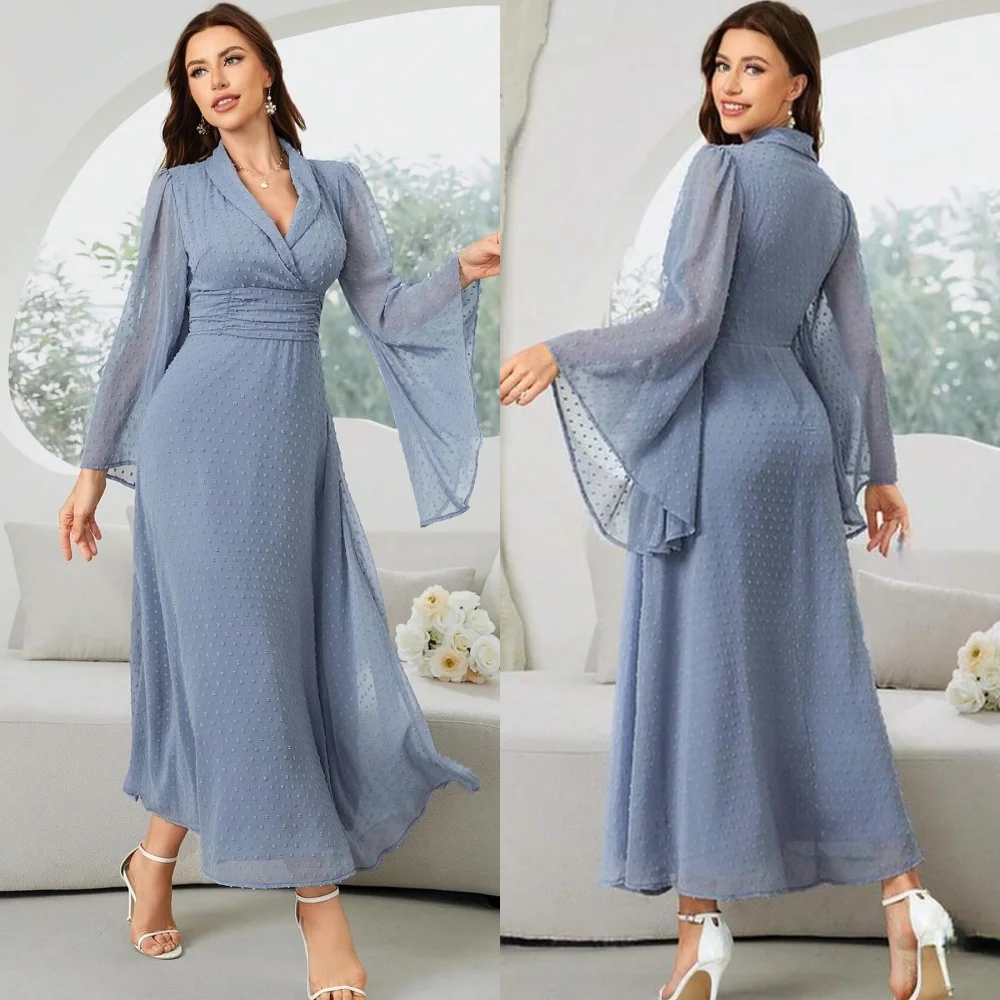 Robe de soirée en mousseline de soie, tenue de soirée, drapée, plissée, à volants, ligne A, col en V, sur mesure, Arabie Saoudite