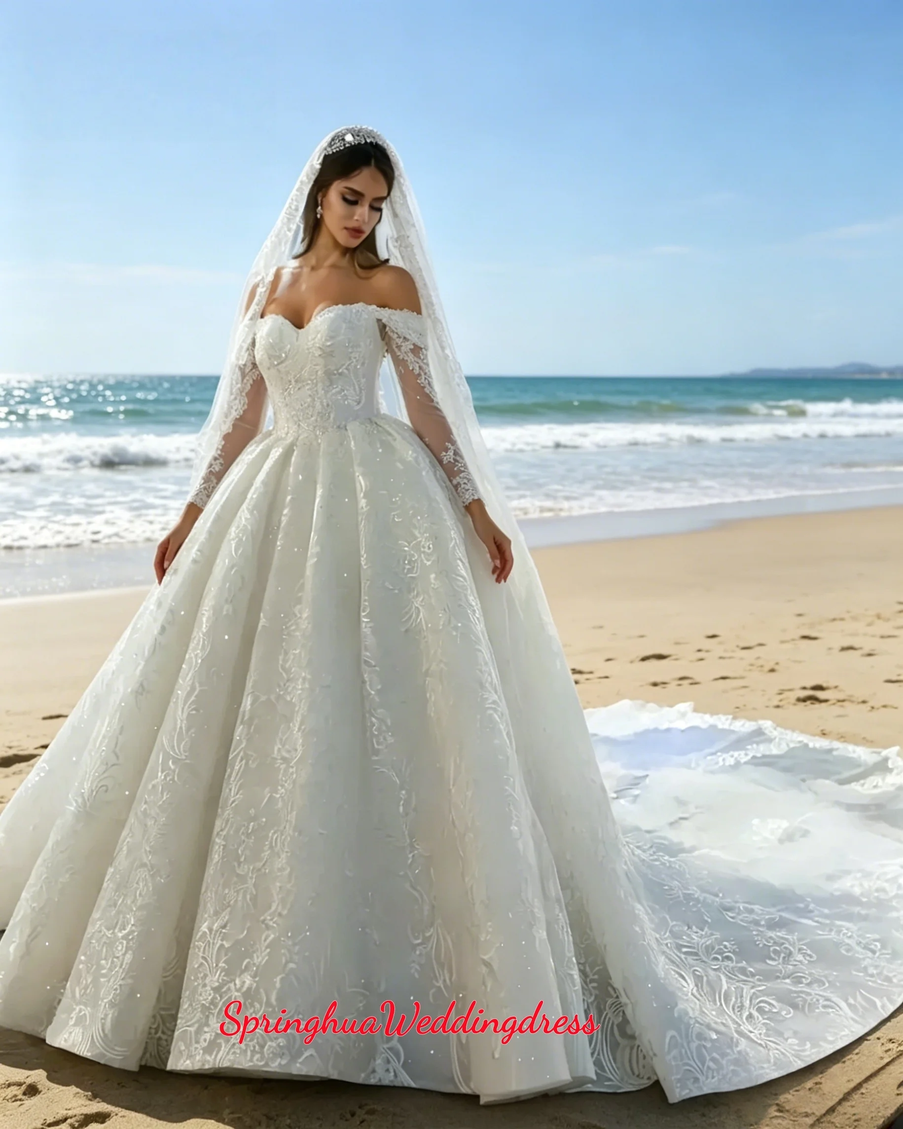 Customized Off The Shoulder Long Sleeves Wedding Dresses Beading Lace Bridal Dress Train Vestido De Novia Amanda Novias Official