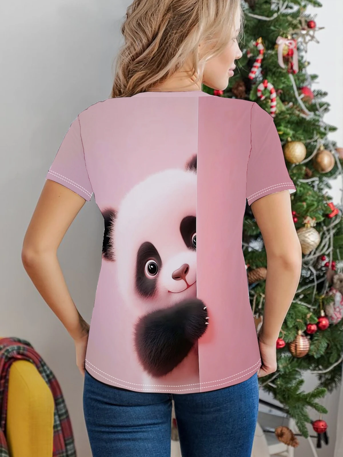 A mischievous little panda Print T-shirt, Casual Crew Neck Short Sleeve Top For Spring & Summer, Women's Clothing