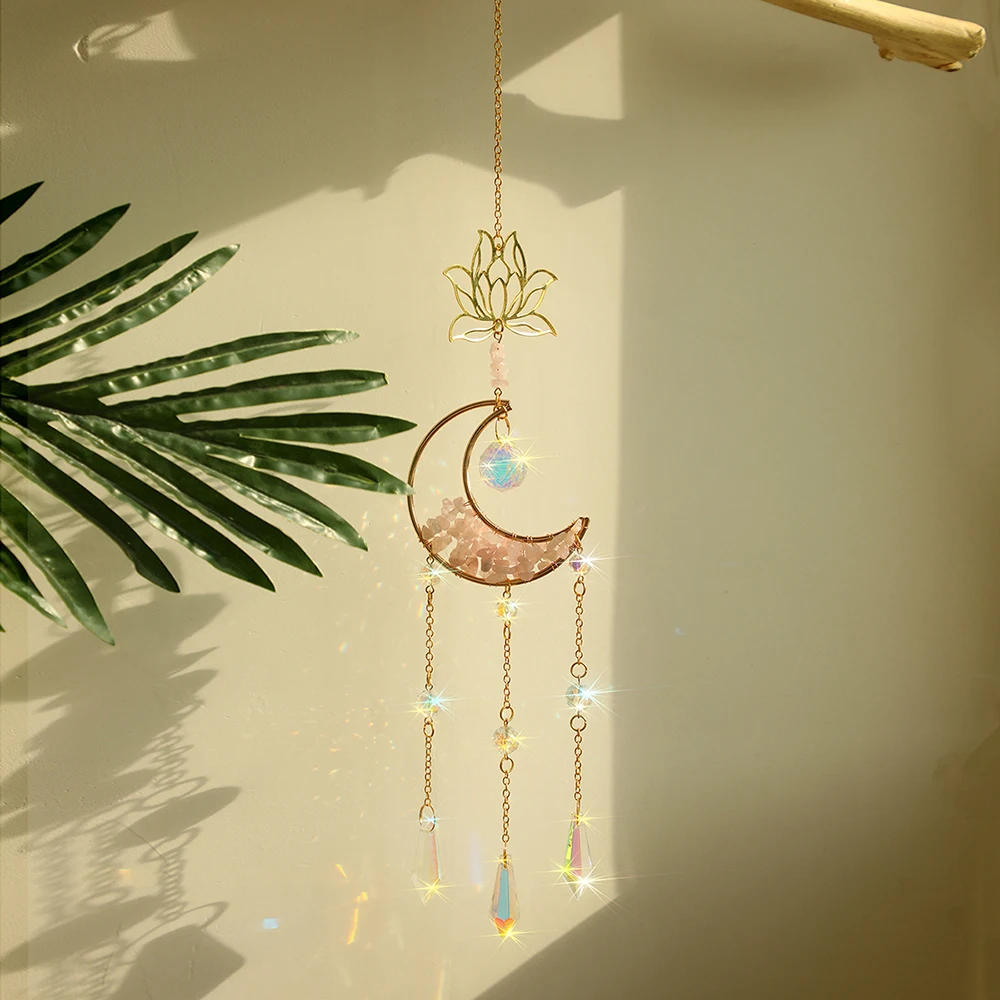 Moon and Lotus Prism Suncatcher Natural Stone Dreamcatcher Hanging Crystal Sun Catcher Rainbow Maker Garden Window Decoration