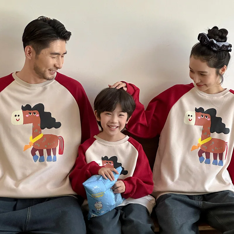 2025 New Cartoon Pony Family Matching Round Neck Sweatshirt 3-4 People Clothes Kids Cotton Pullover Top Autumn Casual Outfit