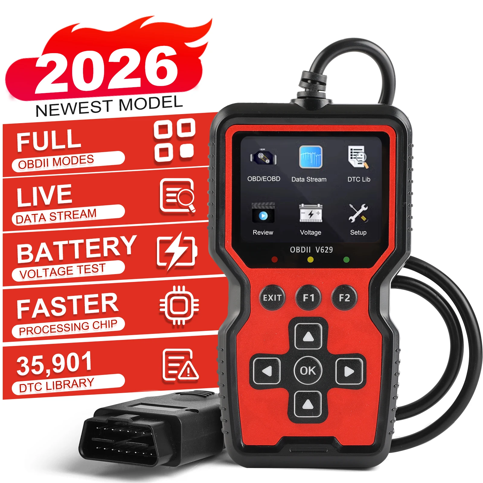 V629 OBD-II Car Fault Code Reader, 12V Gasoline Vehicle Scanner for DIY & Repair Shop, Read & Clear Engine Trouble Codes, View Live Data