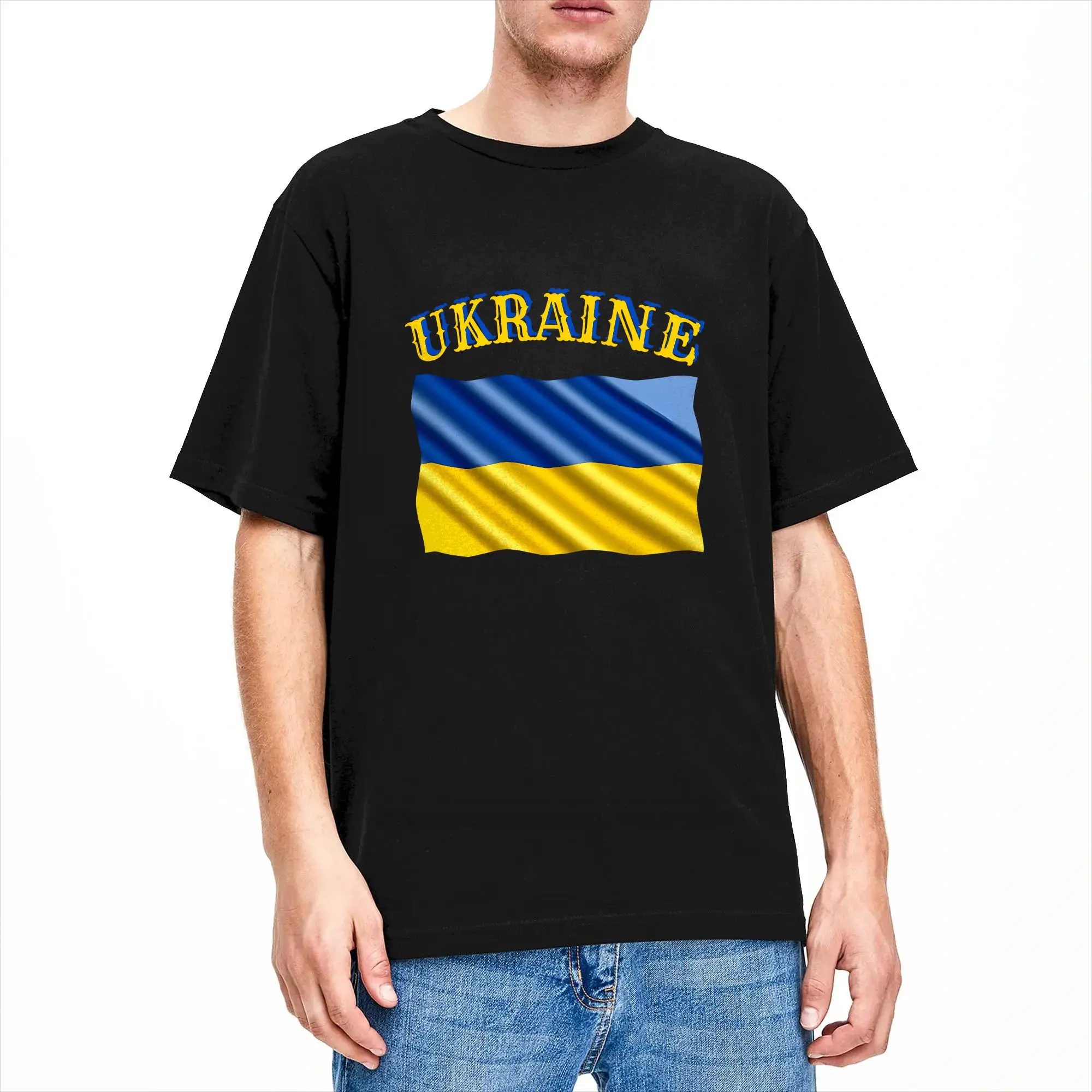 Men T-Shirt Curly Script Ukraine Wavy Flag Leisure 100% Cotton Tee Shirt Short Sleeve  T Shirt Round Neck Clothes Plus Size
