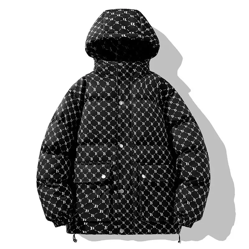 Autumn and Winter Fashion Trend Printed Thickened Warm Hooded Cotton-Padded Jacket Men's Loose Sports Large Size Windproof Coat