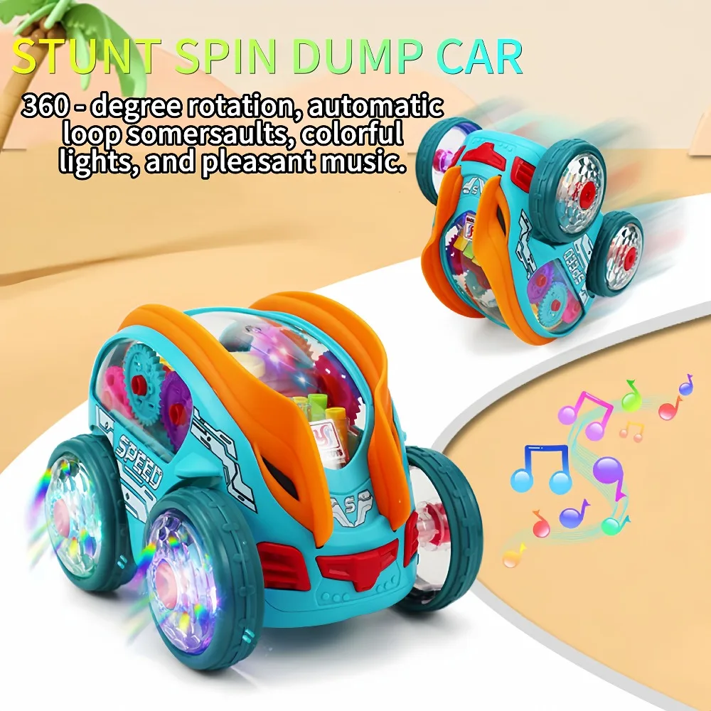

Automatic Electric Stunt Dump Truck 360 Rolling With LED Lights Music Gear Car Bump Vehicle Moving Toddler Race Car Kids Toys