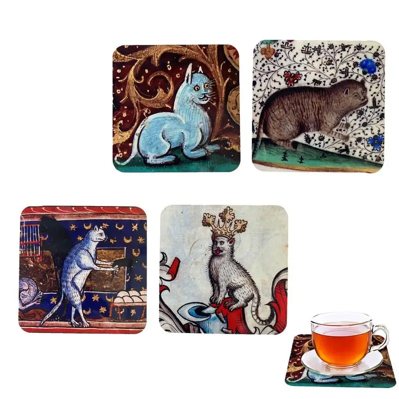 4pcs Medieval Cat Coasters Heat Resistant Table Mat Funny Dinner Table Place Mat Creative Insulation Mats Retro Beverage Coaster