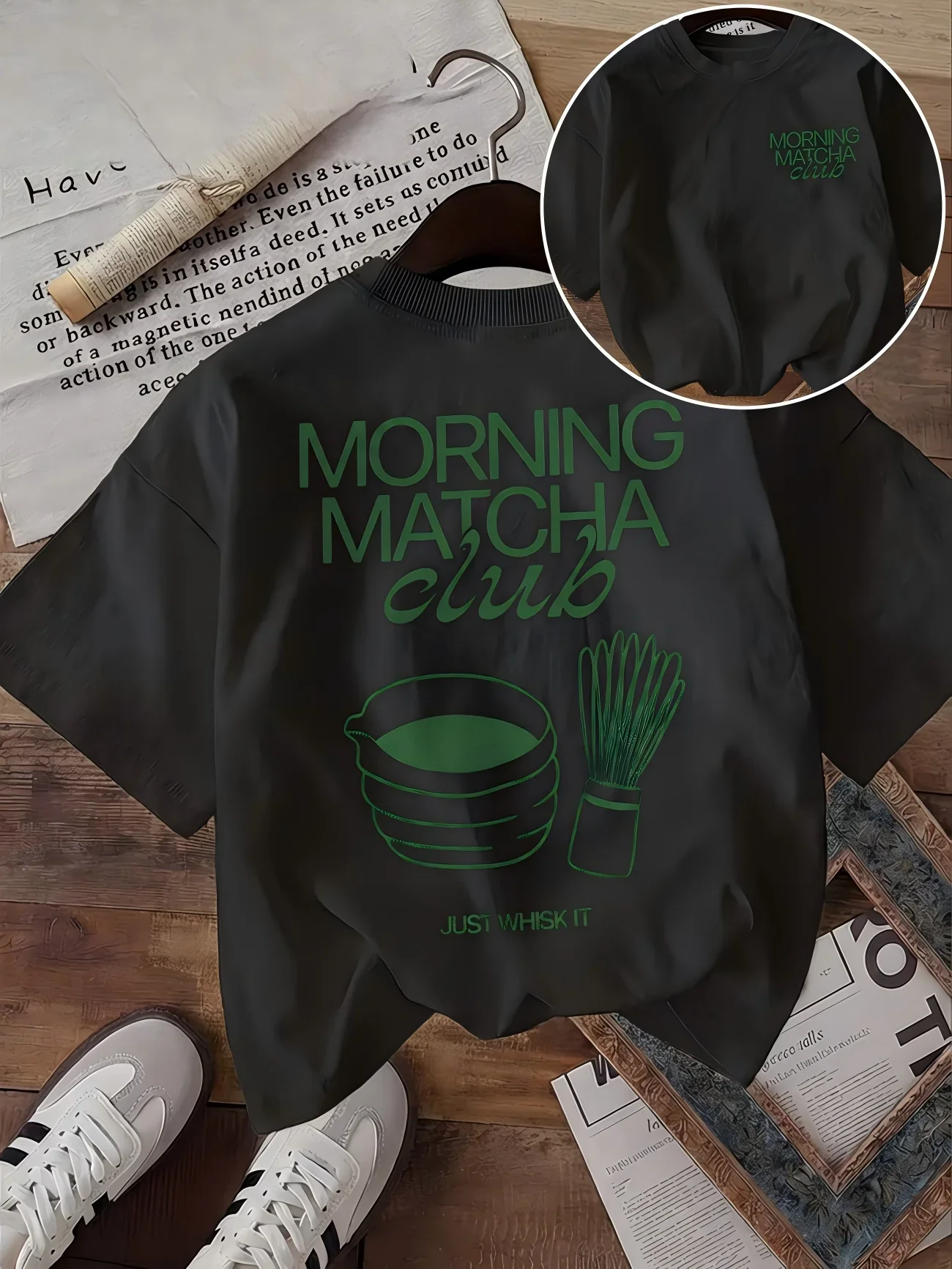 Retro Morning Matcha Club Print T-Shirt Women Tee Harajuku Streetwear Short Sleeve Summer Aesthetic Casual Top Women's Clothing
