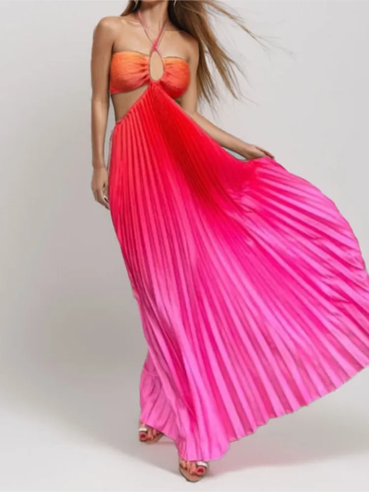 

Gradient Colored Long Dress Summer Collection Pleated Hollow Out Beach Pleated Dress Sexy Waist Baring Neck Hanging Dress Women