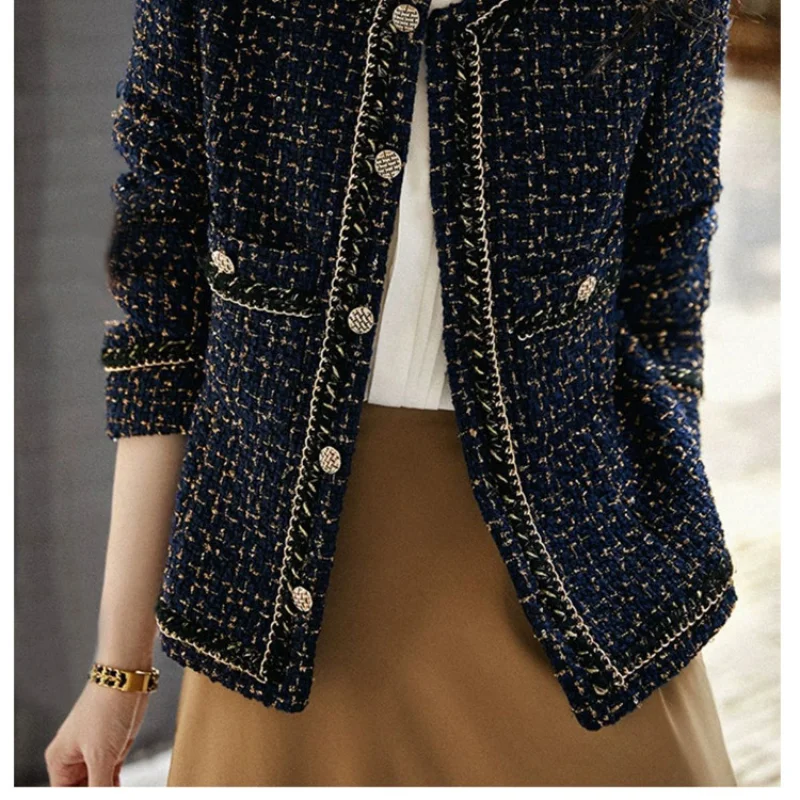 Small Fragrant Navy Blue Gold Silk Elegant Office Coat Women Spring  Autumn New Fashion Casual Long-sleeved Cardigan Tweed Coat