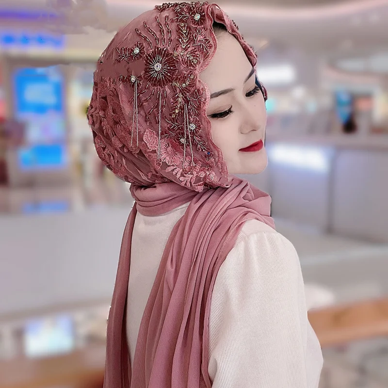 Hijab Muslim Women Shawl Headscarf  Luxury Tassels Scarf Malaysia Prayer Kufi Islam Saudi Arabia Lace Turban