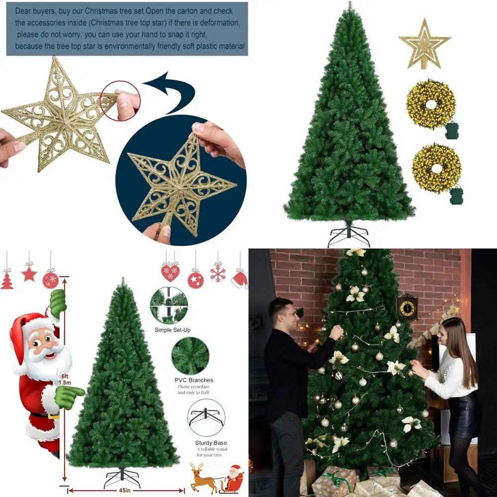 

6-Foot Deluxe Christmas Tree with 1005 Tips, Star Topper & 200 LED Battery Lights - Ideal for Festive Home Decor