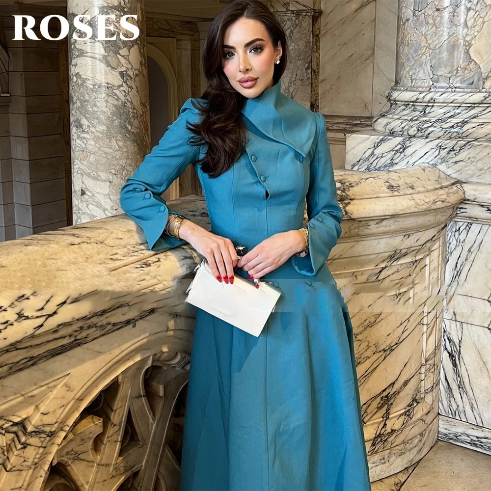 

ROSES Turquoise فستان سهرة A-Line Satin Coat - Dress with Button - Detail Sleeves and Stand - up Collar Party Dress Cus